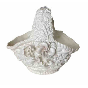 Handmade Pottery Basket, Floral Butterfly Design White & Light Blue Unique 8X5”